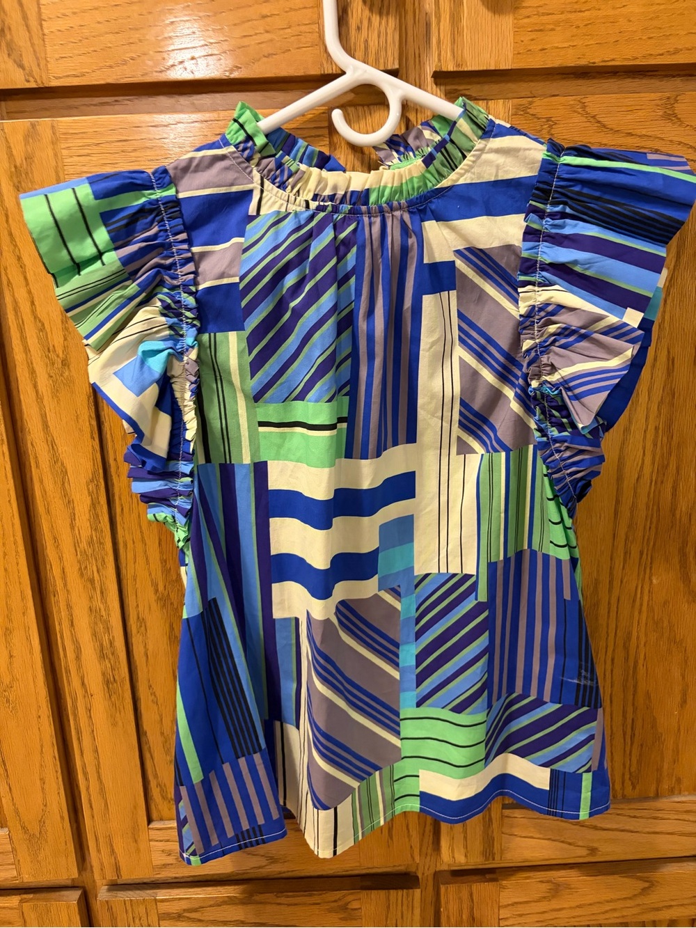 entro Blue, Green & Cream Striped Ruffle Top